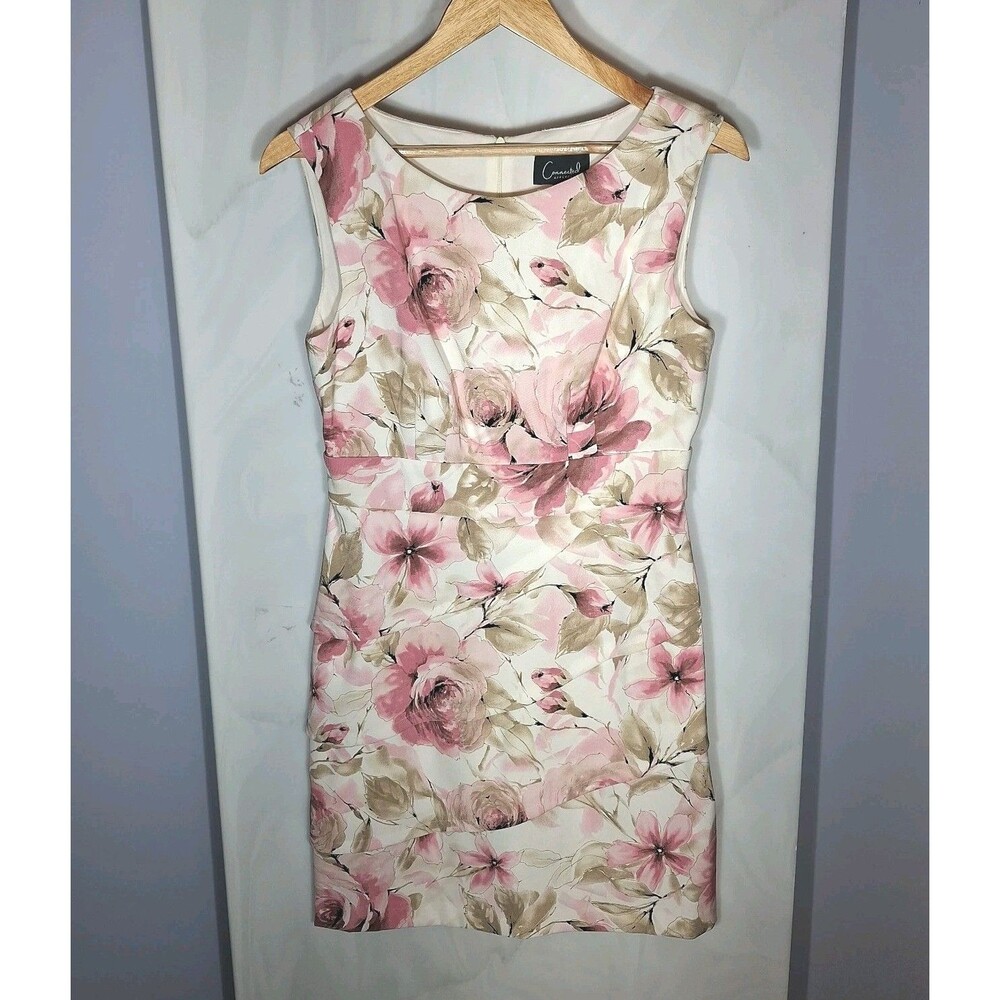 Connected Apparel Petite 8 Ivory Floral Sheath Dress Tiered Layered Knee Length